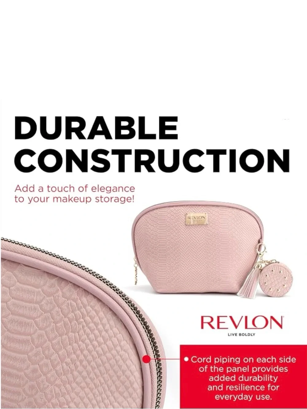 REVLON Croc Embossed Makeup Pouch Cosmetic Bag w/ Tassel & Mirror Keychain